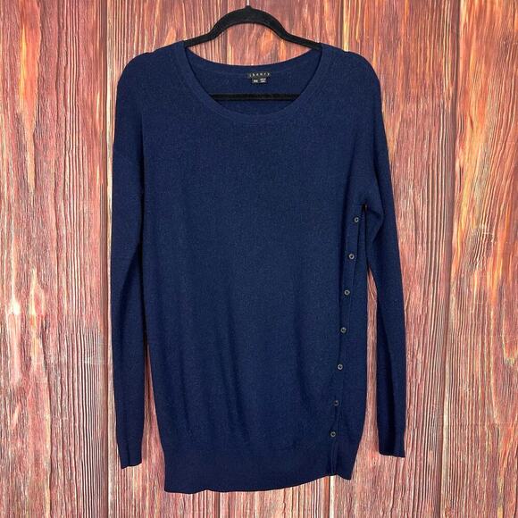 Theory Womens Blue Cashmere Cotton Sweater Long Sleeve Size Medium Side Buttons - Picture 1 of 6